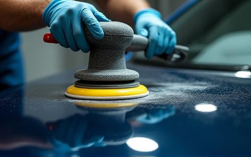 Dettaglio di un operatore che lucida la carrozzeria a mano